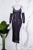 Purple Sexy Solid Hollowed Out See-through Backless Slit U Neck Sling Dress (With Sleeves)