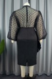 Black Casual Dot Patchwork See-through Half A Turtleneck Long Sleeve Two Pieces