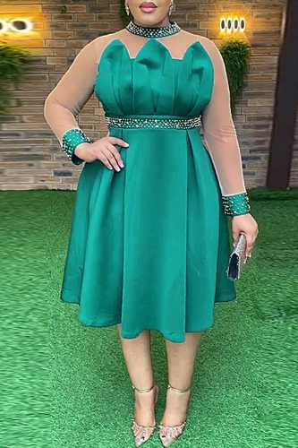 Green Casual Patchwork Hot Drill Half A Turtleneck A Line Plus Size Dresses (Subject To The Actual Object)