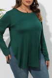 Ink Green Casual Solid Slit O Neck Plus Size Tops