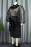 Black Casual Dot Patchwork See-through Half A Turtleneck Long Sleeve Two Pieces