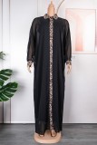 Black Casual Print Patchwork Turndown Collar Long Sleeve Plus Size Two Pieces