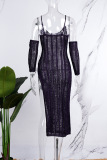 Purple Sexy Solid Hollowed Out See-through Backless Slit U Neck Sling Dress (With Sleeves)