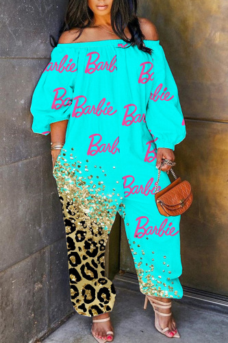 Cyan Casual Print Basic Off the Shoulder Regular Jumpsuits
