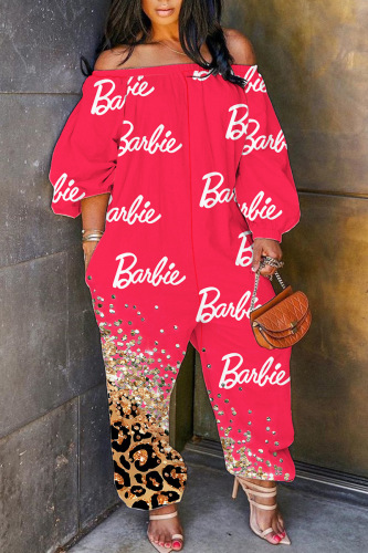 Red Casual Print Basic Off the Shoulder Regular Jumpsuits