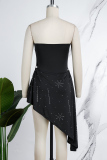Black Sexy Party Patchwork Hot Drilling Backless Strapless Irregular Dress Dresses