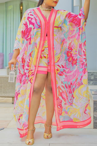 Pink Casual Print Patchwork Pearl V Neck Nine Points Sleeve Two Pieces