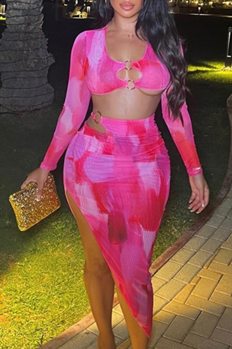 Rose Red Sexy Color Lump Print Hollowed Out Patchwork Asymmetrical U Neck Long Sleeve Two Pieces