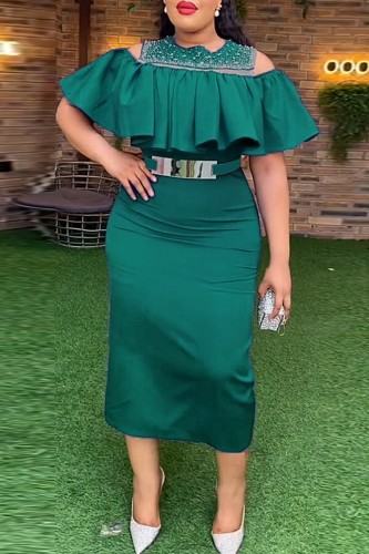 Green Casual Patchwork Hot Drilling Beading With Belt O Neck Short Sleeve Dress Plus Size Dresses