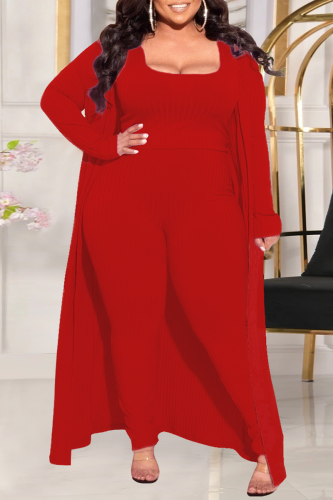 Red Casual Patchwork Square Collar Plus Size Two Pieces(Three Pieces)