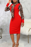 Yellow Sexy British Style Elegant Leopard Patchwork Printing O Neck Wrapped Skirt Dresses