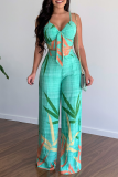Light Green Leaf Print Sleeveless Backless Daily Slim Fit Vacation Cami Straight Wide Leg Jumpsuit