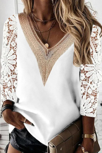 White Sweet Elegant Solid Lace Hollowed Out Patchwork Pullovers V Neck Tops