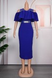 Blue Casual Patchwork Hot Drilling Beading With Belt O Neck Short Sleeve Dress Plus Size Dresses