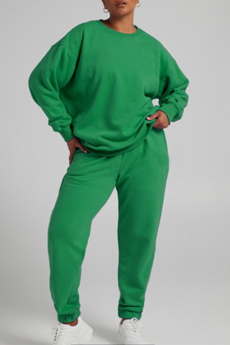 Green Casual Solid Patchwork O Neck Long Sleeve Two Pieces