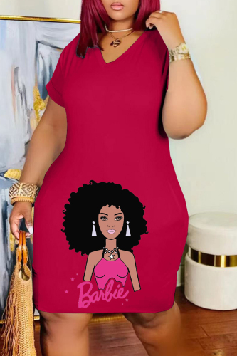 Red Casual Print Basic V Neck Short Sleeve Dress