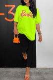 Fluorescent Green Casual Letter Print Basic O Neck Long Sleeve Two Pieces