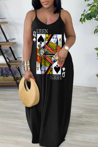 Black White Sexy Casual Print Backless Spaghetti Strap Long Dress Dresses