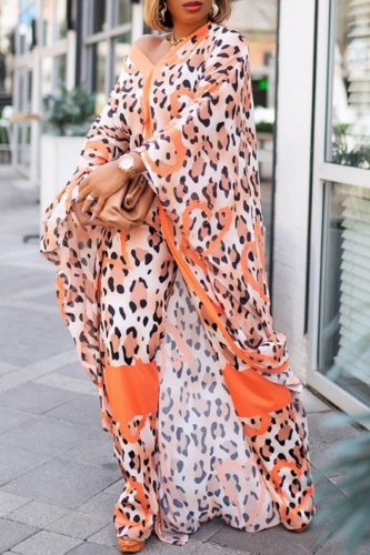 Orange Animal Print Dot Patchwork Printing V Neck Long Sleeve Two Pieces
