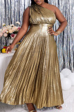 Gold Plus Size Elegant Solid Patchwork One Shoulder One Shoulder Dress Plus Size Dresses