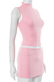 Pink Sexy Solid Patchwork Strap Design Half A Turtleneck Sleeveless Two Pieces