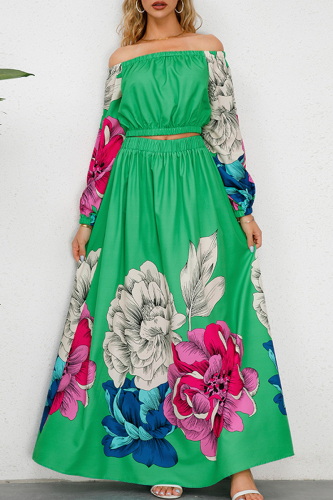 Green Vintage Elegant Print Floral Patchwork Backless Off the Shoulder Long Sleeve Two Pieces