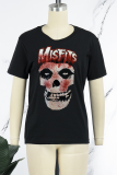 Black Casual Daily Print Skull Patchwork O Neck T-Shirts