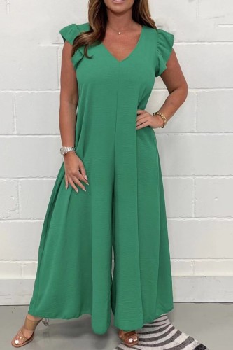 Green Casual Solid Basic V Neck Regular Jumpsuits