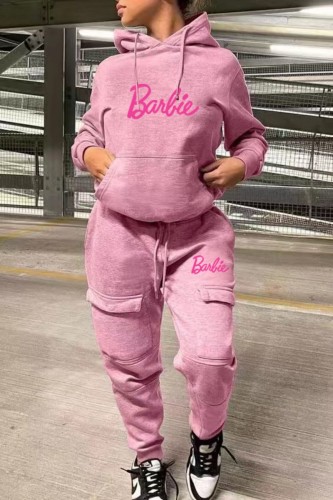 Pink Casual Letter Print Basic Hooded Collar Long Sleeve Two Pieces