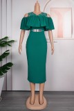 Green Casual Patchwork Hot Drilling Beading With Belt O Neck Short Sleeve Dress Plus Size Dresses