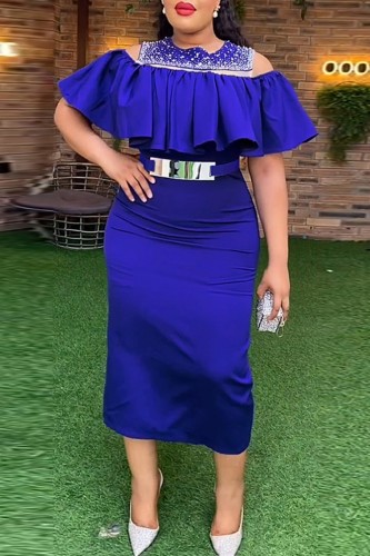 Blue Casual Patchwork Hot Drilling Beading With Belt O Neck Short Sleeve Dress Plus Size Dresses