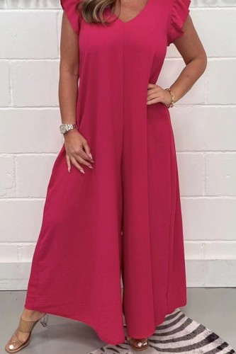 Red Casual Solid Basic V Neck Regular Jumpsuits