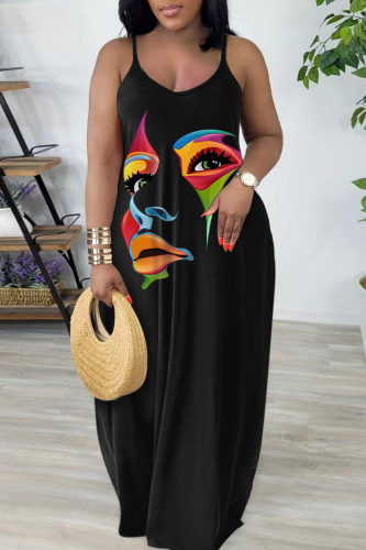 Colour Sexy Casual Print Backless Spaghetti Strap Long Dress Dresses