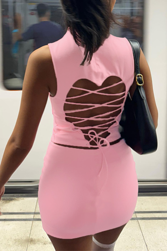 Pink Sexy Solid Patchwork Strap Design Half A Turtleneck Sleeveless Two Pieces