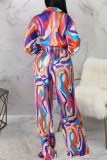 Multicolor Sexy Print Patchwork Frenulum Fold Turndown Collar Long Sleeve Two Pieces
