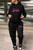 Black Casual Letter Print Basic Hooded Collar Long Sleeve Two Pieces