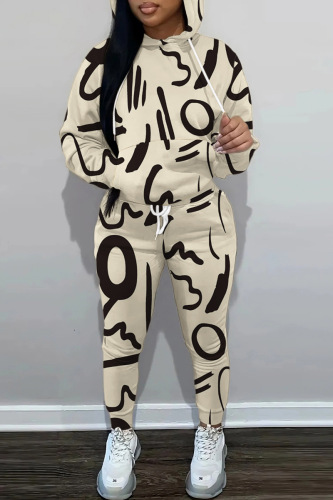 Apricot Casual Print Basic Hooded Collar Long Sleeve Two Pieces