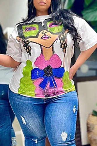 White Plus Size Casual Sweet Figure Patchwork Printing O Neck Plus Size Tops