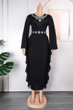 Black Casual Embroidery Tassel Patchwork V Neck Long Sleeve Plus Size Dresses