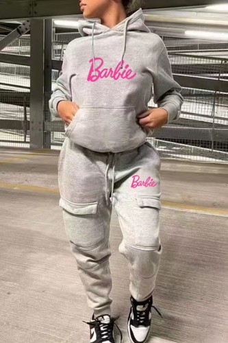 Grey Casual Letter Print Basic Hooded Collar Long Sleeve Two Pieces