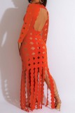Orange Sexy Casual Solid Tassel Hollowed Out See-through Square Collar Long Sleeve Dresses