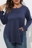 Purplish Red Casual Solid Slit O Neck Plus Size Tops