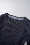 Blue Casual Gradual Change Print Patchwork O Neck Long Sleeve Dresses(No Belt)