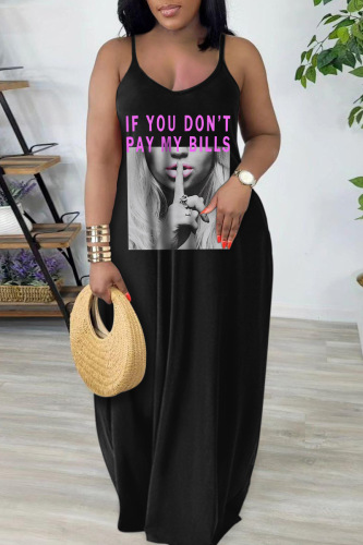 Black Gray Sexy Casual Print Backless Spaghetti Strap Long Dress Dresses