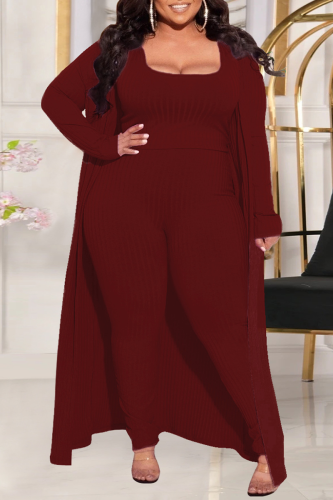 Burgundy Casual Patchwork Square Collar Plus Size Two Pieces(Three Pieces)