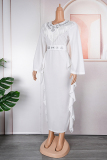 Blue Casual Embroidery Tassel Patchwork V Neck Long Sleeve Plus Size Dresses
