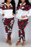 Green Casual Camouflage Print Patchwork Zipper Collar Plus Size Two Pieces
