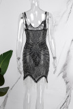 Black Sexy Patchwork Hot Drilling Tassel See-through Backless Sling Dress (Subject To The Actual Object)