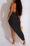 Black Casual Solid Tassel Hollowed Out Backless High Opening Swimwears Cover Up