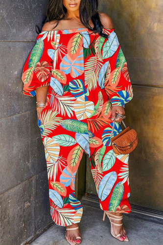 Red Casual Print Patchwork Off the Shoulder Regular Jumpsuits